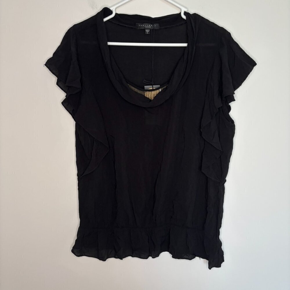 SANCTUARY NEW Scoop Neck Ruffled Top Womens L Black Macy's Mesh Beading - Picture 4 of 7